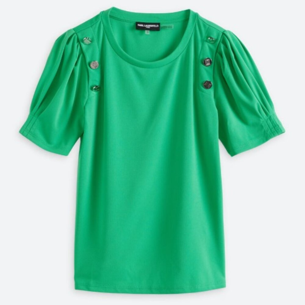 Karl Lagerfeld Paris Button Trim Puff Sleeve Knit Top Women's XL